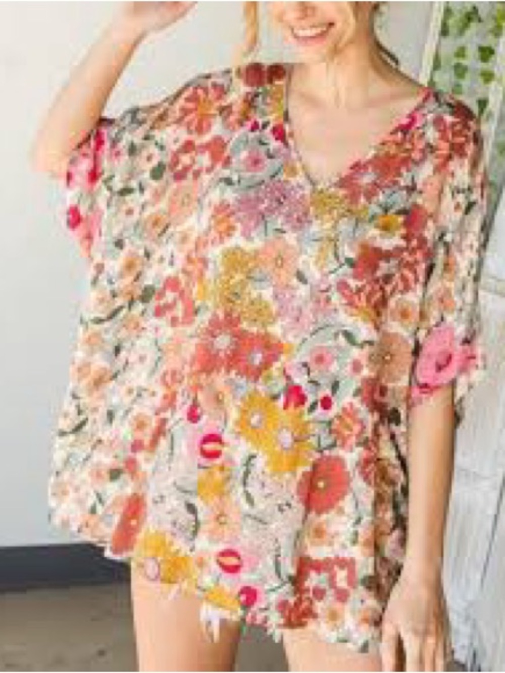 NATURAL LIFE Floral V-Neck Boxy Tunic Top in Pink, Yellow & Green floral print
